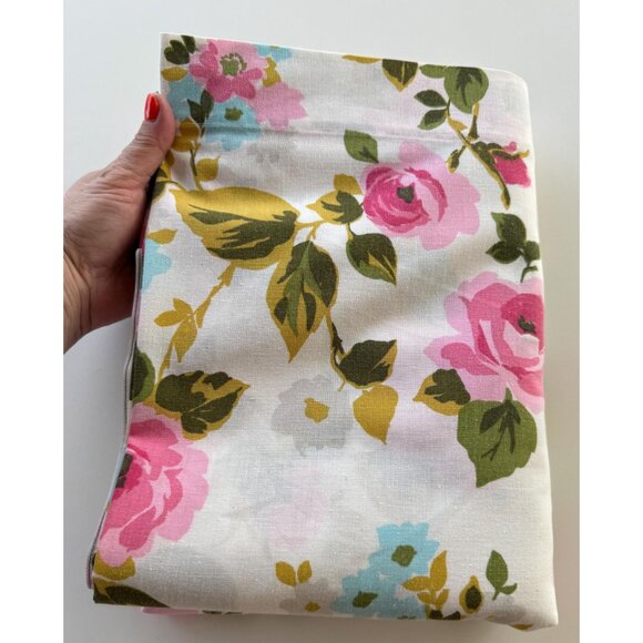 Vintage 1970s top/ flat sheet, pink, blue and green floral, twin size bed - Picture 9 of 9